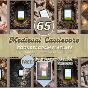 Może przedstawiać: Cyfrowy mockup produktu z 65 płaskimi układami Medieval Castlecore Bookstagram. Obraz zawiera makiety tabletów o proporcjach 4:5, darmowy szablon karuzeli recenzji książek i tekst "Medieval Castlecore".