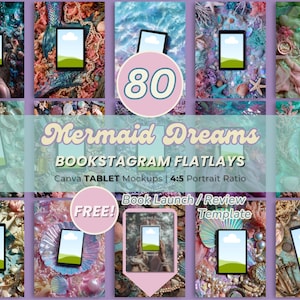 May include: A collection of tablet mockups with a mermaid theme. The image features tablets with a blank screen, surrounded by seashells, coral, and other ocean-themed elements. Text includes "Mermaid Dreams" and "Bookstagram Flatlays".