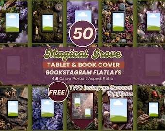 May include: A promotional image featuring a collection of tablet and book cover mockups with a nature theme. The text reads "Magical Grove" and "50" with the words "FREE!" and "TWO Instagram Carousel Templates".