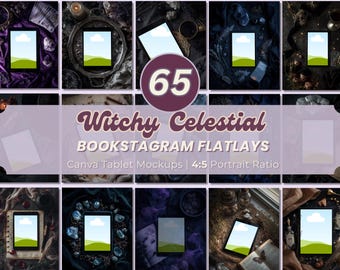 May include: A collection of 10 styled tablet mockups with a witchy and celestial theme. Each tablet displays a blank screen with a sky and grass background. The image includes the text "Witchy Celestial Bookstagram Flatlays".