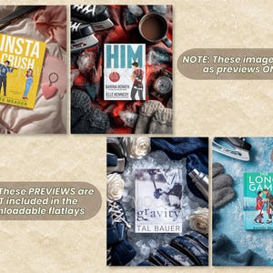 K&ouml;nnte beinhalten: Eine Sammlung von vier Buch-Mockups mit Liebesromanen zum Thema Eishockey. Die Cover zeigen Titel wie Insta-Crush, Him, Gravity und The Long Game, umgeben von verschiedenen Accessoires wie Schlittschuhen, Tassen und verschiedenen Stoffen.
