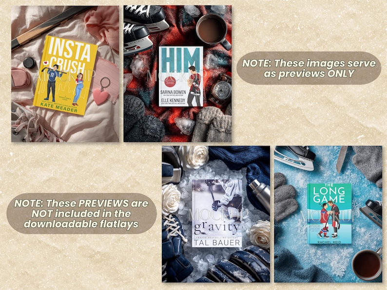 K&ouml;nnte beinhalten: Eine Sammlung von vier Buch-Mockups mit Liebesromanen zum Thema Eishockey. Die Cover zeigen Titel wie Insta-Crush, Him, Gravity und The Long Game, umgeben von verschiedenen Accessoires wie Schlittschuhen, Tassen und verschiedenen Stoffen.