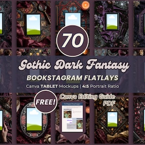 May include: A collage of tablet mockups with a Gothic Dark Fantasy theme. The image features 70 mockups with a 4:5 portrait ratio, surrounded by dark, ornate backgrounds. Text includes "BOOKSTAGRAM FLATLAYS" and "Canva TABLET Mockups".