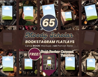 May include: A promotional image for "Moody Scholar" bookstagram flatlays. The image features a collage of book mockups with a 4:5 portrait ratio, along with the text "65" and "FREE!" The overall theme is a vintage aesthetic with various props.