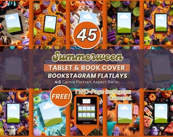 May include: A digital collection of 45 Summerween tablet and book cover flatlay templates for Instagram carousels. The display features various seasonal layouts with tablets and books surrounded by colourful summer and Halloween themed items.