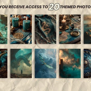 May include: A collection of 10 fantasy-themed digital art prints. Each print features a unique scene with elements like swords, dragons, candles, and shields, all rendered in a mystical, atmospheric style with teal and gold tones. The text at the top reads "YOU RECEIVE ACCESS TO 20 THEMED PHOTOS."