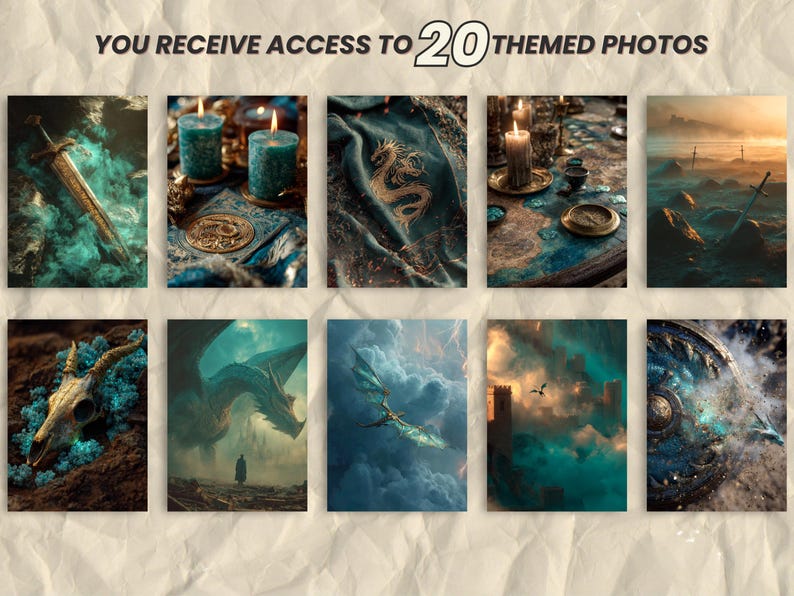 May include: A collection of 10 fantasy-themed digital art prints. Each print features a unique scene with elements like swords, dragons, candles, and shields, all rendered in a mystical, atmospheric style with teal and gold tones. The text at the top reads "YOU RECEIVE ACCESS TO 20 THEMED PHOTOS."