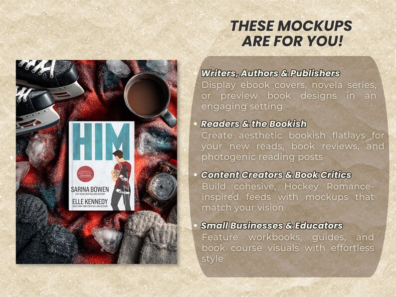 K&ouml;nnte beinhalten: Ein Buchcover-Mockup mit dem Buch HIM von Sarina Bowen und Elle Kennedy, pr&auml;sentiert auf einer rot-schwarz karierten Decke mit Schlittschuhen, einer Tasse mit dunkler Fl&uuml;ssigkeit und einem Kompass. Der Text enth&auml;lt THESE MOCKUPS ARE FOR YOU und Zielgruppen.