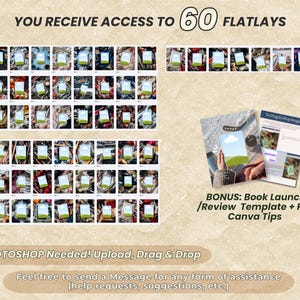 K&ouml;nnte beinhalten: Eine digitale Sammlung von 60 Flatlay-Vorlagen mit verschiedenen stilisierten Hintergr&uuml;nden und Platzhaltern. Enth&auml;lt eine Bonus-Vorlage f&uuml;r Buchvorstellungen und PDF-Canva-Tipps. Text: YOU RECEIVE ACCESS TO 60 FLATLAYS, BONUS: Book Launch/Review Template + PDF Canva Tips, No PHOTOSHOP Needed! Upload, Drag & Drop, Feel free to send a Message for any form of assistance.