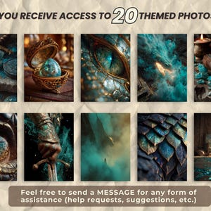 May include: A collection of 10 fantasy-themed digital art images. The images feature a variety of subjects, including a sword, an ornate box with a gem, an eye, and dragon scales. The color palette is dominated by teal, gold, and brown tones. Text at the top says "YOU RECEIVE ACCESS TO 20 THEMED PHOTOS".