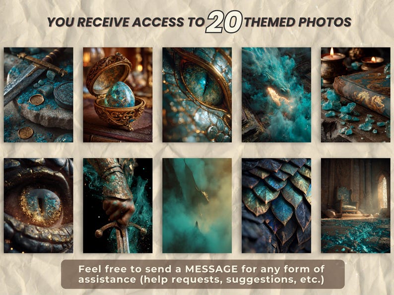 May include: A collection of 10 fantasy-themed digital art images. The images feature a variety of subjects, including a sword, an ornate box with a gem, an eye, and dragon scales. The color palette is dominated by teal, gold, and brown tones. Text at the top says "YOU RECEIVE ACCESS TO 20 THEMED PHOTOS".