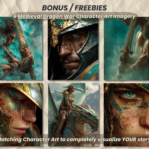 May include: A collection of six digital art prints featuring medieval dragon war characters. The images showcase detailed portraits of warriors in armor, a rider on a dragon, and figures wielding swords. Text includes "BONUS / FREEBIES" and "6 Medieval Dragon War Character Art Imagery".