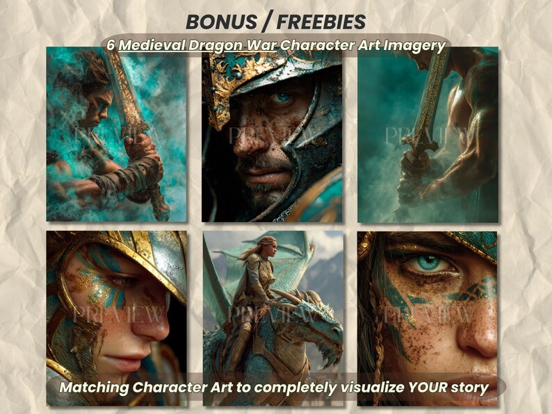 May include: A collection of six digital art prints featuring medieval dragon war characters. The images showcase detailed portraits of warriors in armor, a rider on a dragon, and figures wielding swords. Text includes "BONUS / FREEBIES" and "6 Medieval Dragon War Character Art Imagery".