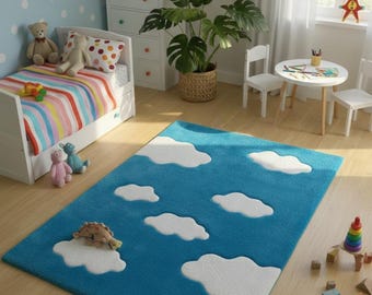 Blue Sky Cloud Tufted Rug for Kids Room, Nursery Playroom Carpet, Soft Handmade Area Mat, Modern Whimsical Floor Decor