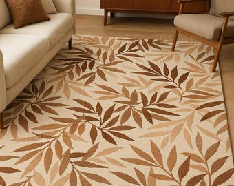 Ivory & Brown Leaf Pattern Area Rug – Nature Inspired Botanical Carpet – Modern Neutral Living Room, Bedroom, or Office Floor 4x6 5x8