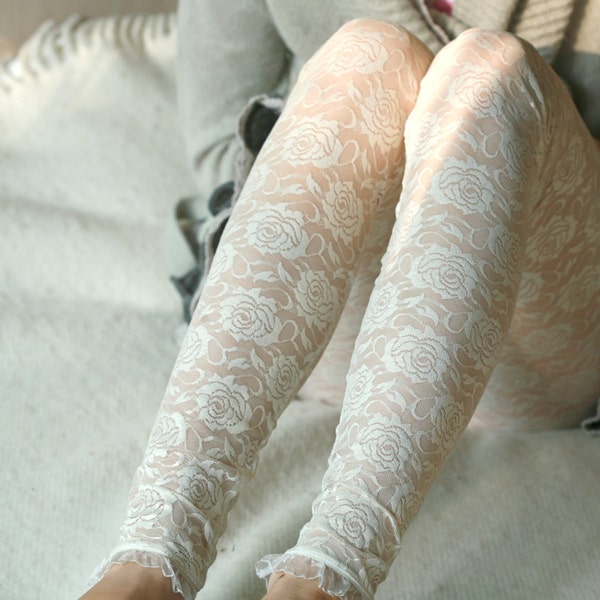 Cream white lace leggings with roses