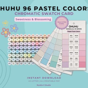 May include: A pastel colour swatch card from Ohuhu, featuring 96 colours. The card includes a colour palette and a colour chart with colour codes. The text on the card reads "Sweetness & Blossoming" and "Honolulu B Series Pastel Tone Colors".