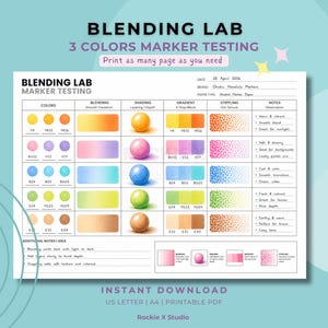 May include: A printable marker testing sheet labelled "Blending Lab" with colour swatches, blending examples, and stippling tests. The sheet includes the text "3 Colors Marker Testing" and "Print as many pages as you need."