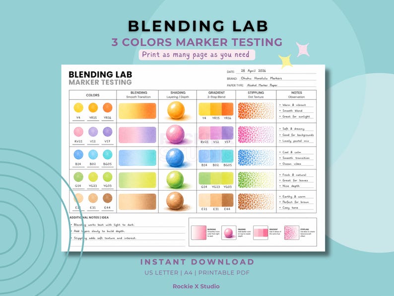 3 Color Blending Chart | Marker Practice Sheet | Digital Download PDF ...