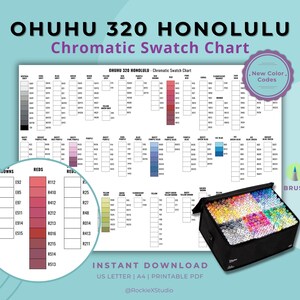 May include: A white chromatic swatch chart titled "OHUHU 320 HONOLULU" with color codes and a color palette. A close-up of the red color section is in a circle. A black carrying case filled with colorful markers is in the bottom right corner.