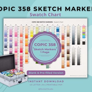 May include: A swatch chart for Copic 358 Sketch Markers, displaying a range of colours. A silver case with a handle contains a set of markers. The chart includes the text "COPIC 358 Sketch Markers" and "Blank & Pre-filled Version."
