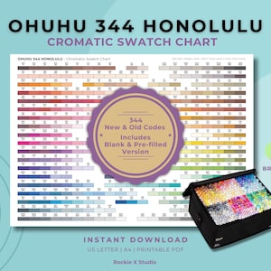 Może przedstawiać: Wykres próbek kolorów zatytułowany "OHUHU 344 HONOLULU CROMATIC SWATCH CHART" z 344 nowymi i starymi kodami kolorów. Wykres zawiera puste i wstępnie wypełnione wersje. Czarna walizka wypełniona kolorowymi markerami znajduje się w prawym dolnym rogu.