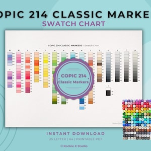 May include: A Copic 214 Classic Markers swatch chart with color samples arranged in vertical columns. The chart includes the text "COPIC 214 CLASSIC MARKERS" and "SWATCH CHART". A small square of markers is in the lower right corner.