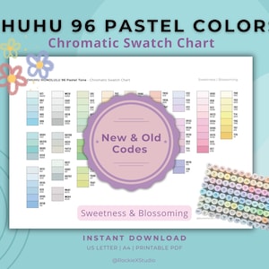 May include: A pastel colour swatch chart with the text "OHUHU 96 PASTEL COLORS" and "Chromatic Swatch Chart". The chart includes colour samples, a "New & Old Codes" badge, and a small colour swatch sticker sheet. The words "Sweetness & Blossoming" are also present.