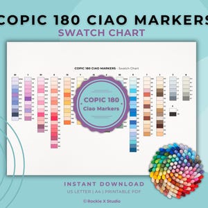 以下が含まれることがあります： コピック180チャオマーカー用の白い色見本で、色の見本を縦列で表示しています。チャートには「COPIC 180 CIAO MARKERS」と「SWATCH CHART」の文字が含まれています。カラフルなマーカーの束が右下にあります。