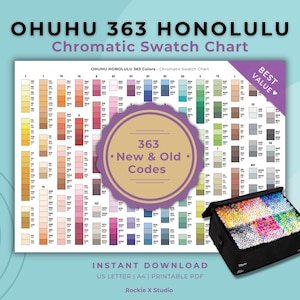May include: A chromatic swatch chart titled "OHUHU 363 HONOLULU" with 363 color codes. The chart includes a variety of colors and is accompanied by a black carrying case filled with colorful markers. Text on the chart reads "INSTANT DOWNLOAD".