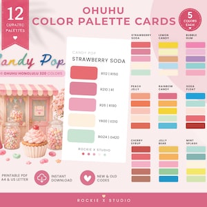 Może przedstawiać: Karty palet kolorów Ohuhu zawierające 12 zestawów dla 320 kolorów Ohuhu Honolulu. Grafika przedstawia 5 kolorów na paletę z nazwami takimi jak Strawberry Soda, Lemon Candy i Bubble Gum, obok miniaturowej sceny ze sklepu ze słodyczami.