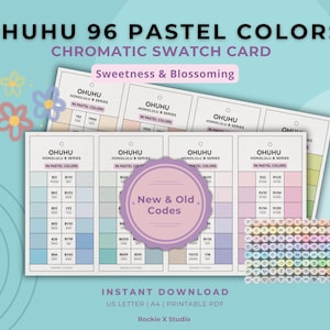 Może przedstawiać: Cyfrowe pobieranie przedstawiające kartę próbek chromatycznych z 96 pastelowymi kolorami. Projekt zawiera tekst "OHUHU 96 PASTEL COLORS" i "Sweetness & Blossoming". Karta wyświetla próbki kolorów i tekst "New & Old Codes".