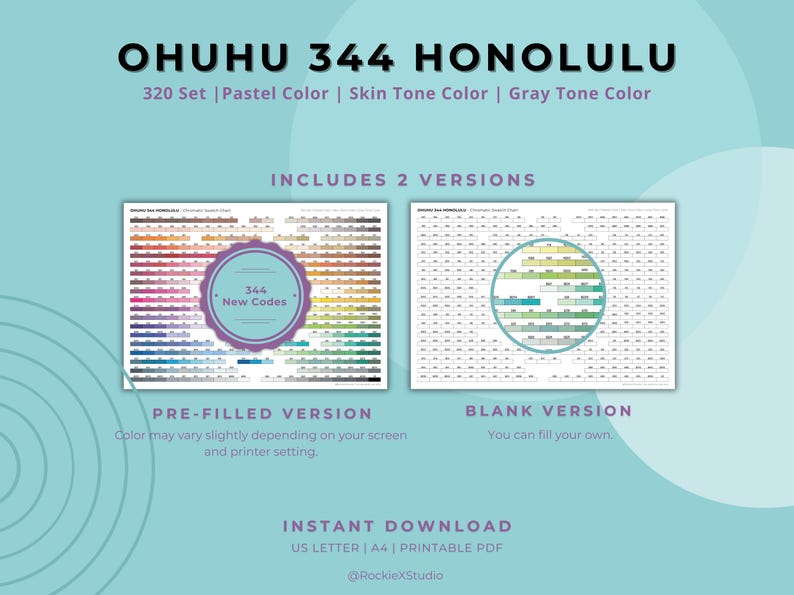 Ohuhu Honolulu 344 Color Swatch Chart: Blank/pre-filled Sheet (digital ...