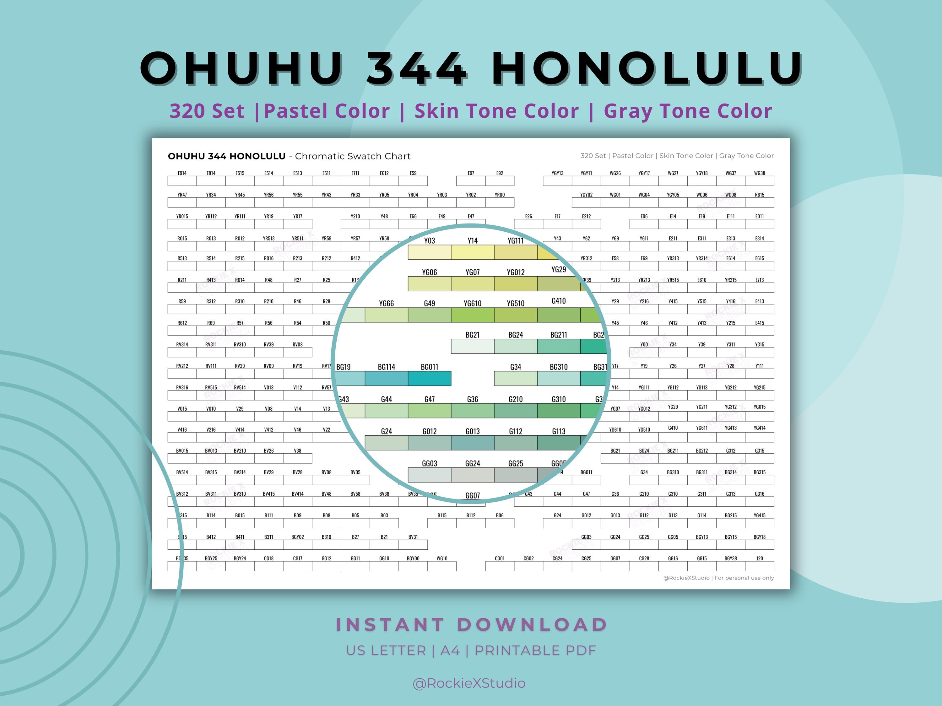 Ohuhu Honolulu 344 Chromatic Swatch Chart Printable PDF | Marker Color ...