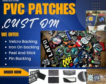 Puede incluir: Una colección de parches de PVC personalizados con varios diseños y opciones de respaldo, incluyendo velcro, planchado, pelar y pegar, y pin. La imagen presenta parches con texto y diseños gráficos, junto con el texto "PVC PATCHES CUSTOM" y "WE OFFER".