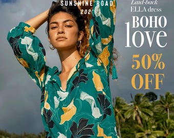 May include: A woman wearing a green, yellow, and black floral print dress. The dress has long sleeves and a V-neck. The image includes the text "MALUNE," "SUNSHINE ROAD 2021," "BOHO LOVE," and "50% OFF."