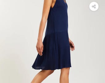 Navy Viscose Summer Dress: Ruffle V-Neck, Knee Length