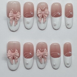 Oval Press On Nails – Long Pink with White Accent – Handmade Reusable False Nails for Everyday or Special Occasions