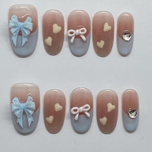 Oval Press On Nails – Short Pink with Blue Accent – Handmade Reusable False Nails for Everyday or Special Occasions