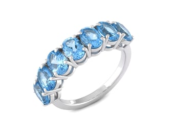 Swiss Blue Topaz Half Eternity Ring, 925 Sterling Silver Wedding Band, Oval Cut Stackable Ring, December Birthstone Gift for Her
