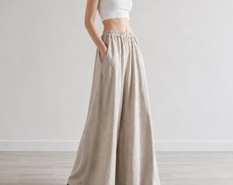 Wide Leg Linen Pants Elasticated Waist Pants Women Relaxed Fit Trousers Floor Length Pants Plus-Size Pants F148