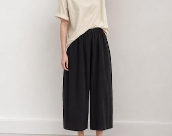 100% Linen Wide Leg Trousers: Elastic Waist, Loose Fit Pants Custom Pants Handmade Plus Size Pants F225