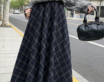 Long Wool Plaid Skirt A Line Flared Skirt D06