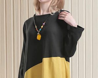 Caftan de linho plus size de manga comprida, roupa plus size solta, vestido plus size com blocos de cores, vestido personalizado B17