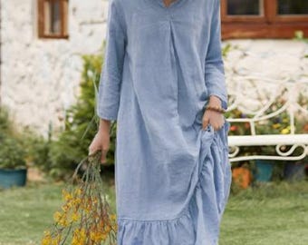 3/4 Sleeves Linen Kaftan Dress with Pockets Summer Linen Ruffle Dress Women Linen Tunic Dress Customized Plus Size Dress F76