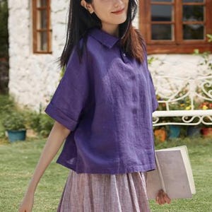 レディースリネンブラウス：手作りのゆったりフィットカスタムブラウス（プラスサイズあり）F345