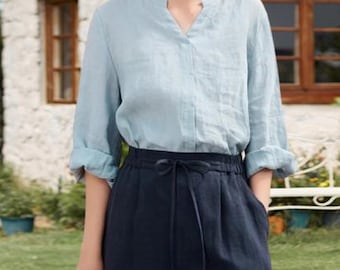Linen V Neck Shirt for Women Custom Plus Size Tops Button-down Linen Blouse Casual Linen Shirt F101