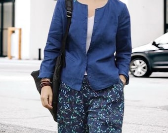 Linen Long Sleeve Shirt Button-Down Linen Shirt Crew Neck Oversize Linen Top Casual Relaxed Linen Shirt  F120