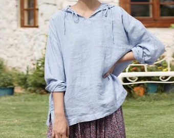 Womens Linen Hooded Pullover Long Sleeves Casual Loose Plus Size Tops Linen T Shirt Hooded Tunic F135