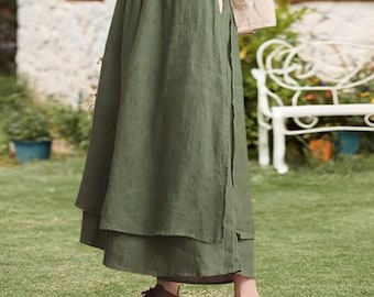 Wide Leg Linen Skirt Pants: Elastic Waist, Soft Casual Trousers F138